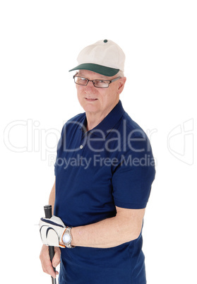 Senior man standing with golf hat.