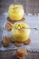 Panna cotta of almond milk with saffron
