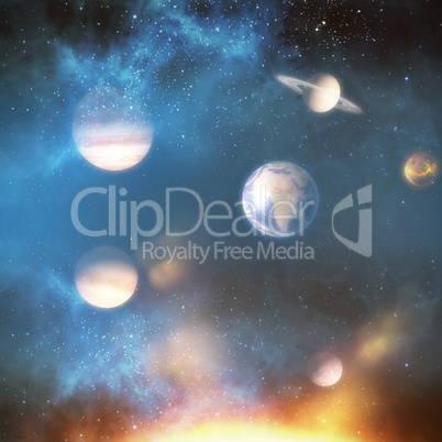 Composite image of planets over sun 3d