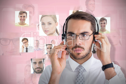 Composite image of portrait of a focused businessman with headphone