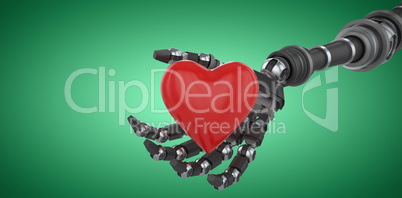 Composite image of three dimensional image of robot hand holding red heard shape 3d