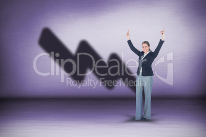 Composite image of portrait of smiling businesswoman with hands raised standing over white backgroun