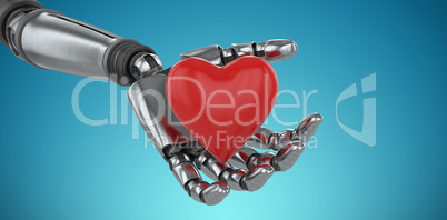 Composite image of three dimensional image of cyborg holding red heard shape decoration 3d