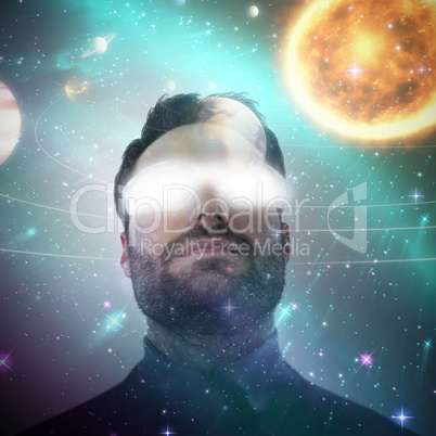Composite image of low angle view of man wearing protective eyewear 3d