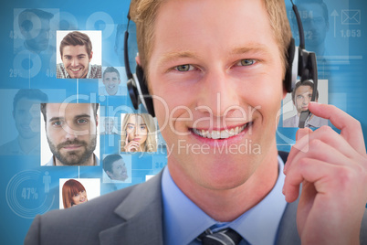 Composite image of handsome agent wearing headset