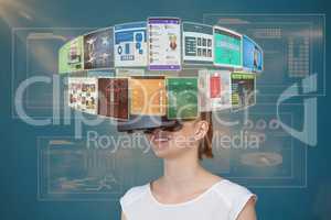 Composite image of happy woman experiencing virtual reality headset 3d