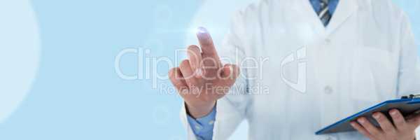 Composite image of doctor holding clipboard while touching transparent interface