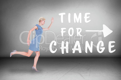 Composite image of  businesswoman running in a hurry