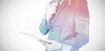 Composite image of businessman holding digital tablet 3d