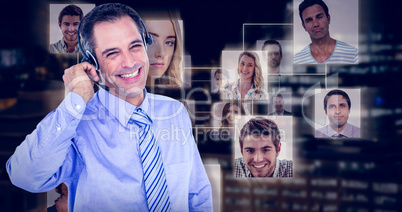 Composite image of smiling businessman using headset