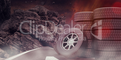 Composite image of rows of tyres 3d