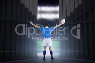 Composite image of rugby player about to throw a rugby ball 3d