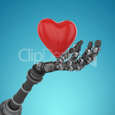 Composite image of three dimensional image of robot holding red heard shape decoration 3d