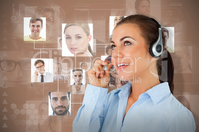 Composite image of call center agent looking upwards while talking