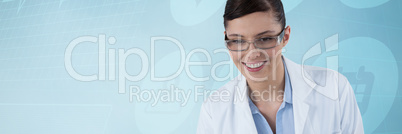 Composite image of female doctor smiling against white background