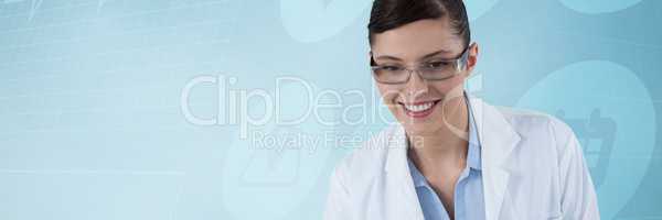 Composite image of female doctor smiling against white background