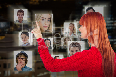 Composite image of smiling hipster woman pointing something