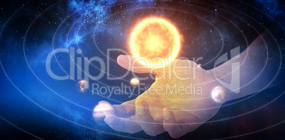 Composite image of hand of man pretending to hold an invisible object 3d
