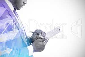 Composite image of businessman writing on clipboard 3d