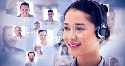 Composite image of happy operator posing with a headset