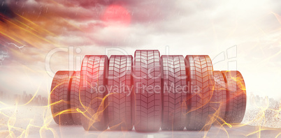 Composite image of row of tyres 3d