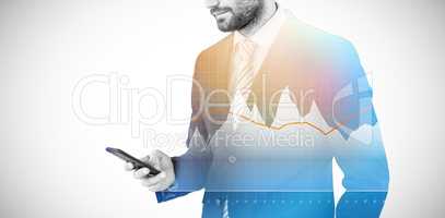 Composite image of businessman text messaging on mobile phone 3d