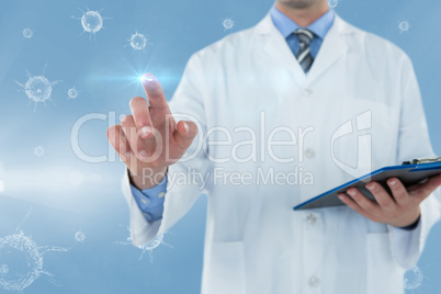 Composite image of doctor holding clipboard while touching transparent interface 3d
