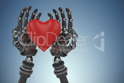 Composite image of three dimensional image of robot hand holding red heard shape 3d