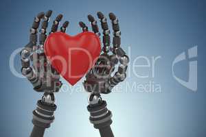 Composite image of three dimensional image of robot hand holding red heard shape 3d