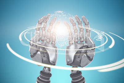Composite image of composite image of robotic hands against blue background 3d