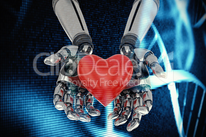 Composite image of three dimensional image of robot holding red heard shape 3d