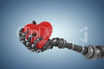 Composite image of three dimensional image of robot hand holding red heard decoration 3d