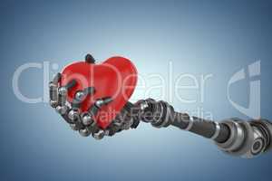 Composite image of three dimensional image of robot hand holding red heard decoration 3d