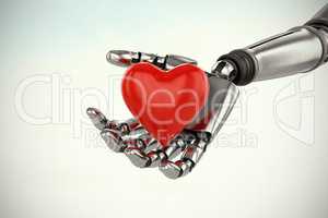 Composite image of three dimensional image of cyborg holding red heard shape decoration 3d