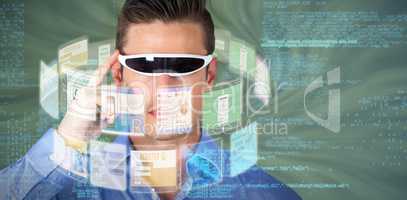 Composite image of handsome man with virtual video glasses 3d