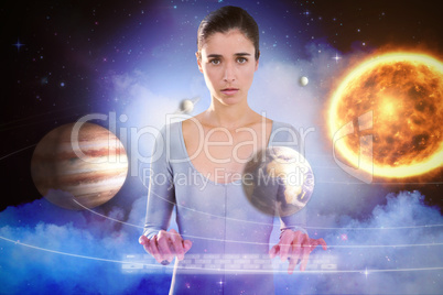 Composite image of woman standing against white background 3d