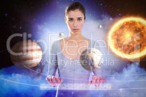 Composite image of woman standing against white background 3d