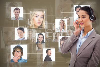 Composite image of portrait of a focused operator posing with a headset