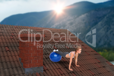 Composite image of full length of a fit woman stretching on fitness ball