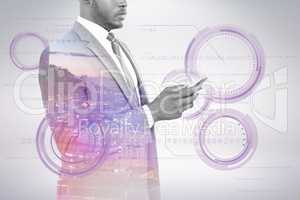 Composite image of businessman using smart phone 3d