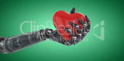 Composite image of three dimensional image of cyborg holding red heart shape decoration 3d