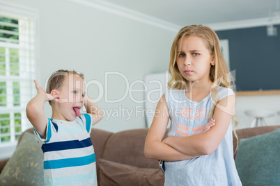 Brother teasing his sister while standing with arms crossed