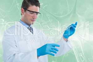 Composite image of doctor in medical gloves filling the test tube 3d