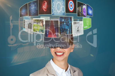 Composite image of close up of smiling businesswoman wearing virtual video glasses 3d