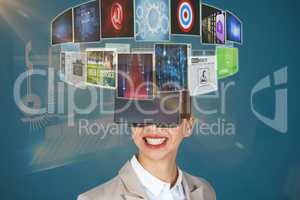 Composite image of close up of smiling businesswoman wearing virtual video glasses 3d