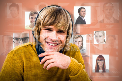 Composite image of smiling hipster businessman using headset