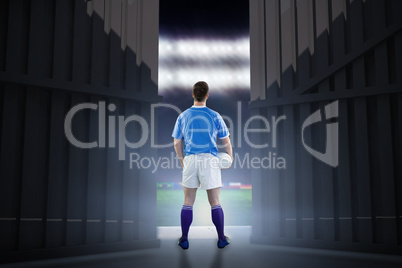 Composite image of rugby player gesturing with hands 3d