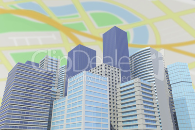 Composite image of digitally generated image of buildings in city 3d