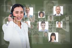 Composite image of smiling businesswoman using headset