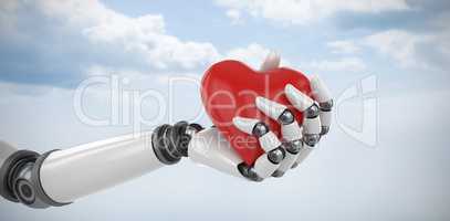 Composite image of 3d image of bionic person holding heart shape decor